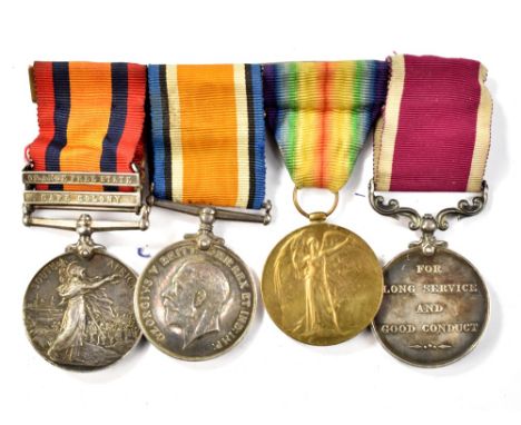 A Boer War and WWI medal group of four awarded to W. Coldwell, the QSA with 'Orange Free State' and 'Cape Colony' clasps stam