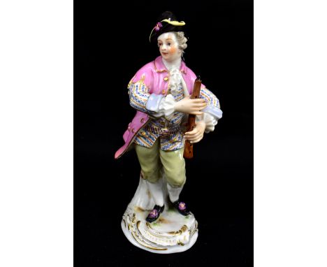 MEISSEN; a late 19th century figure of the flute player from the Dresden Opera Series, painted mark and impressed no.8 to bas