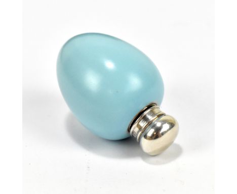 F I; an Elizabeth II hallmarked silver topped ceramic scent bottle in robin's egg blue, London 1993, length 5.2cm.