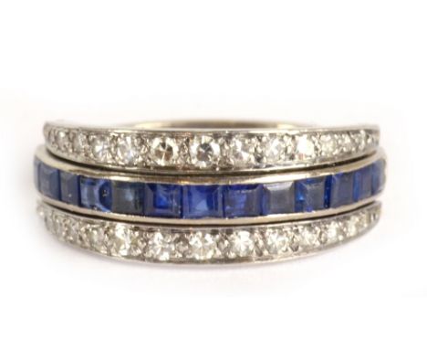 A white metal diamond and sapphire ring, formerly a flip flap ring, size R, approx 7.1g.