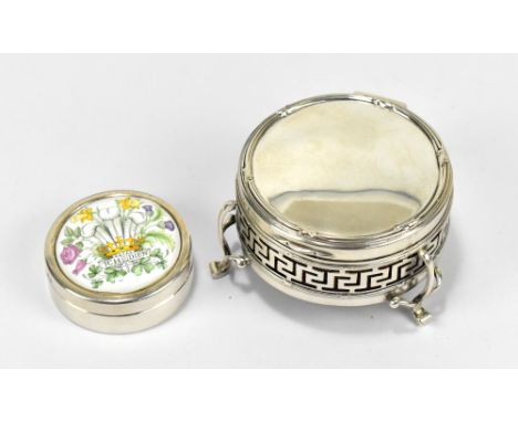 SYNYER &amp; BEDDOES; a George V hallmarked silver jewellery box with pierced Greek Key detail on three shaped feet, with pin