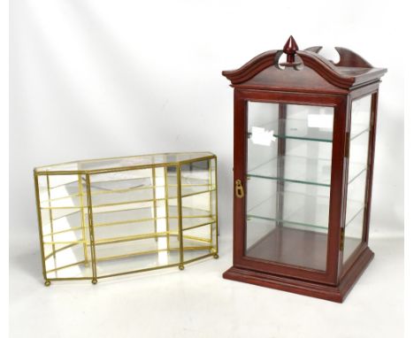 A modern mahogany glazed three shelf table top display cabinet, height 54cm, also a brass mirror backed lozenge shaped two sh