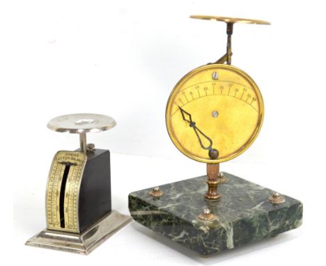 A pair of early 20th century French postage scales on onyx base, height 17cm, and an English pair of spring letter balance sc