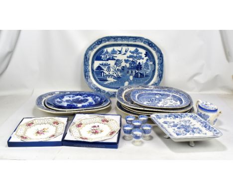 A mixed group of ceramics to include a blue and white ironstone meat platters, two Spode anniversary plates, a teapot, etc.