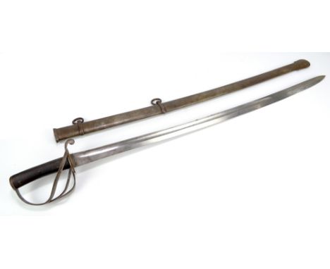 An 1853 pattern Cavalry Trooper's sword with pierced knuckle guard and blade stamped 'Reeves &amp; Co' in metal scabbard with