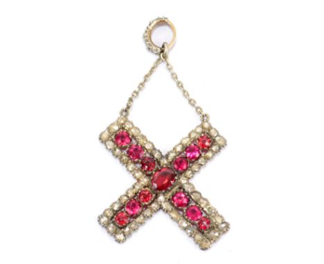 An unusual late 18th/early 19th century pendant, the associated bail set with diamonds above a short chain to the cross penda
