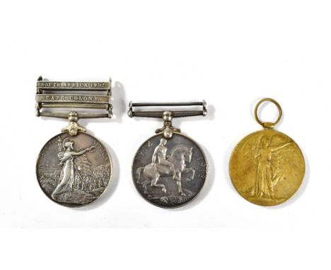 A Boer War and WWI medal group of three comprising Queens South Africa Medal with 'South Africa 1902' and 'Cape Colony' clasp