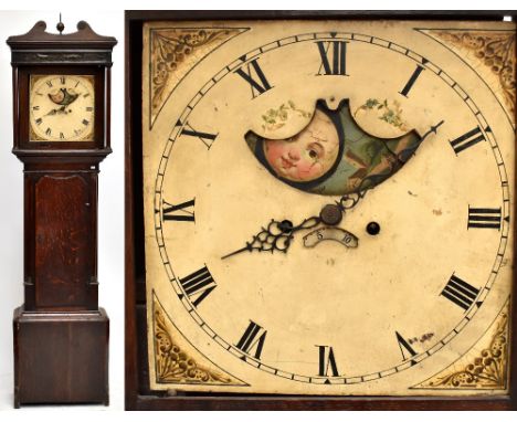 An 18th century oak longcase clock, with painted square dial set with Roman numerals, rolling moon phase, and date aperture, 