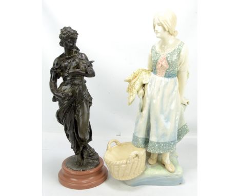 A large ceramic figure of a female harvester, impressed marks to base, 6289, height 59cm, also a spelter figure of a female (