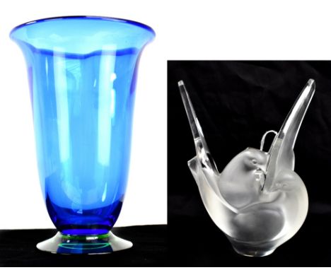 LALIQUE FRANCE; a 'Love Birds' frosted glass posy holder, stencil mark to base, height 21cm, also an Orrefors glass trumpet v