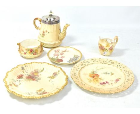 ROYAL WORCESTER; a small group of blush ivory ceramics including a Grainger &amp; Co pierced rimmed plate, an electroplated t