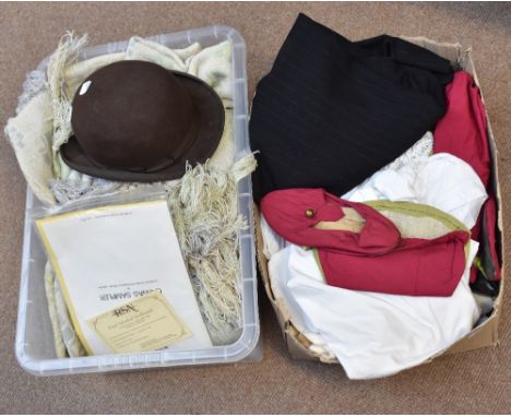 A group of vintage textiles to include a Moss Bros brown bowler hat, a floral handbag, a blouse, and a large Welsh blanket.