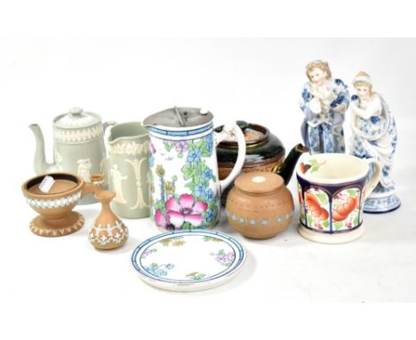 A mixed group of ceramics including Royal Doulton Slaters patent teapot, Losol ware jug on stand, Gaudy Welsh mug, pair of fi