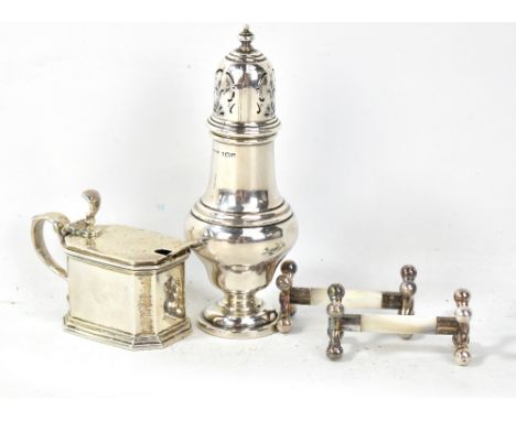 A small group of various hallmarked silver items comprising mustard with blue glass liner, sugar caster, salt spoon and pair 