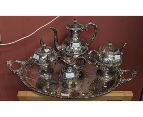 JOHN ROUND &amp; SON LTD; a Victorian silver plated five piece tea service, comprising teapot, water pot, twin handled lidded