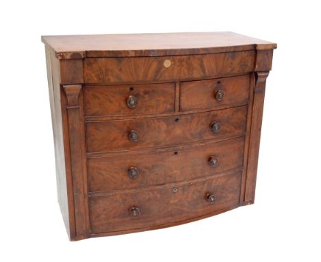 An early 19th century mahogany bowfronted chest of two short and three long drawers raised on splayed bracket feet, width 93c
