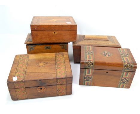 Three early 20th century inlaid sewing boxes, also a Victorian tea caddy, 1920s oak box with brass mounts in a single base dr