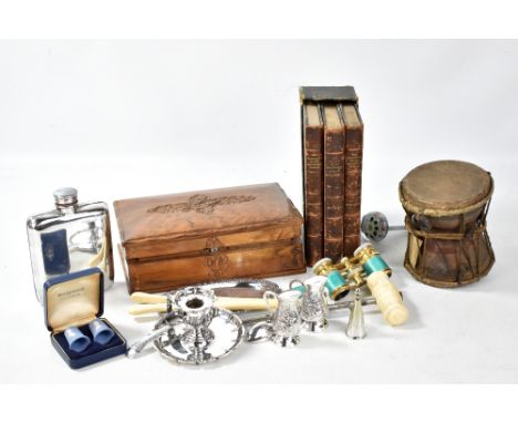 A mixed group of collectors' items including silver plated hip flask, two division box, pair of enamelled opera glasses etc.