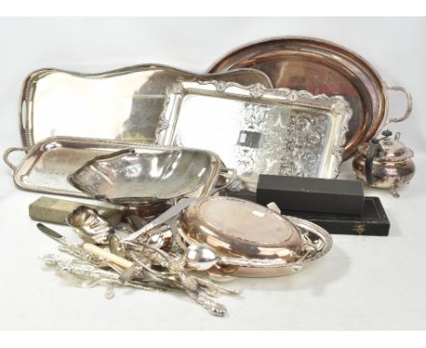 A mixed group of electroplated items to include trays, a teapot, cased servers, cutlery, a swing handled pedestal bowl.