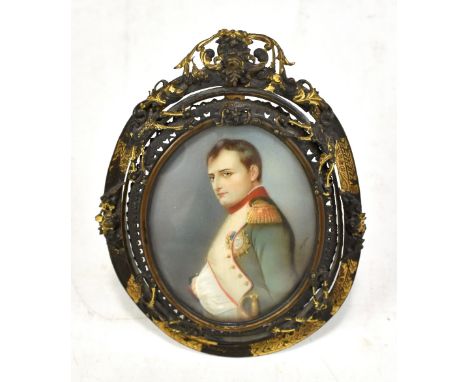 DUPRÉ; a late 19th century oval portrait miniature depicting Napoleon Bonaparte in pierced gilt metal frame, signed, the imag
