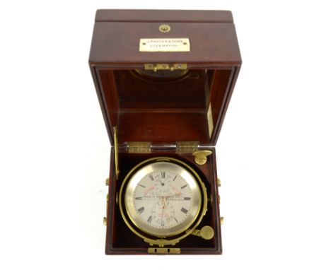 JOHN POOLE; a good mid-19th century mahogany cased fifty-six hour marine chronometer, the three section case bearing plaques 