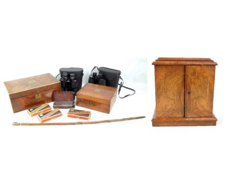 A group of collectors' items comprising walnut table top chest of three drawers, two writing slopes for restoration, two pair