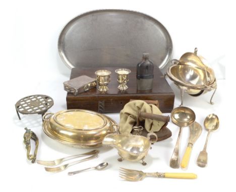 A group of metalware including brass nutcracker, lunch tin, plated tureen, iron, etc.&nbsp;