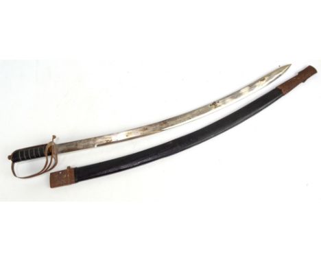 An Indian curved sword with simple pierced knuckle guard and scabbard, length 94cm.