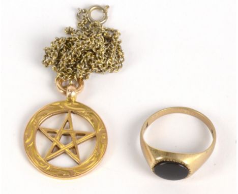 A 9ct yellow gold Star of David fob medal/pendant on base metal chain, and a yellow signet ring, size R, gold approx 8g.