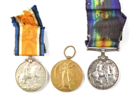 A WWI War and Victory Medal duo awarded to 22142 Pte. A. Bacon Notts. &amp; Derby. R. and a single War Medal stamped 'George 