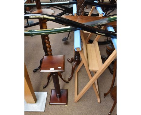 Two urn stands and a wall shelf.