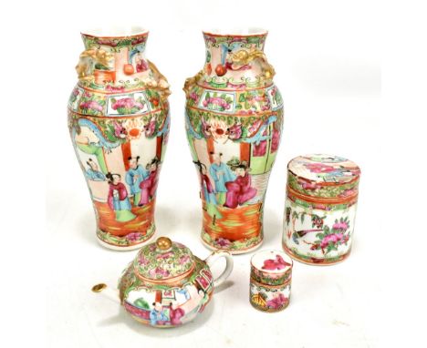 A small group of Chinese famille rose porcelain comprising a pair of baluster vases, both with pairs of Chilong dragons chasi