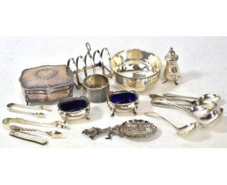 A mixed group of variously hallmarked silver including imported caddy spoon with repoussé and fisherman to bowl, plain circul