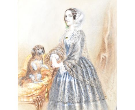 C L CHRISTIAN (probably); watercolour heightened with white, portrait of a lady in blue gown standing beside dog on chair, si