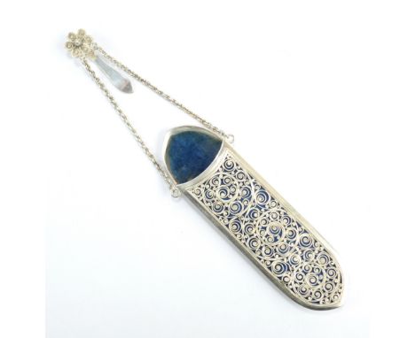 A white metal filigree work lorgnette case with blue silk and velvet lined interior on chain with floral filigree motif hook,