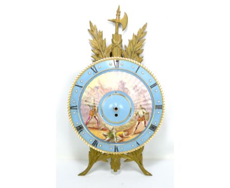A 19th century Continental ceramic wall clock, the circular face hand painted with battle scene inside Roman numerals and gil