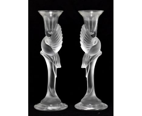 IGOR CARL FABERGÉ; a pair of moulded crystal candlesticks with stems modelled as doves, etched marks to bases, height approx 