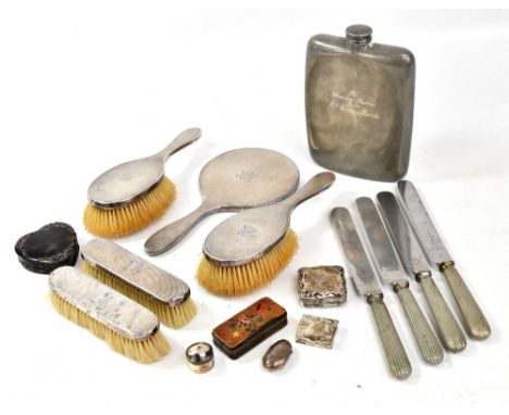 A mixed group of collectors' items including four hallmarked silver mounted brushes, monogrammed 'JMH', large pewter hip flas