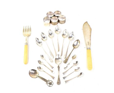 ALLEN &amp; DARWIN; hallmarked silver bladed fish servers, an Arts and Crafts style spoon by FJC Ingram, London 1961, togethe