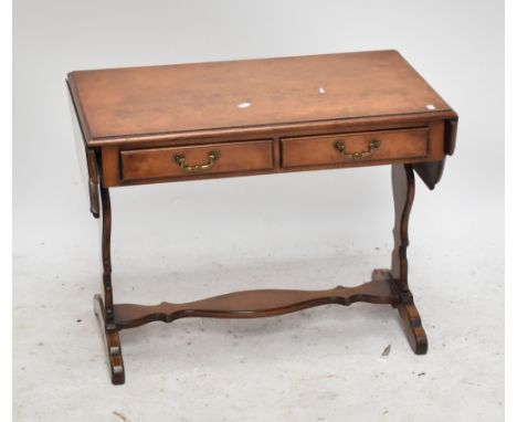 A reproduction burr walnut veneered sofa table, height 51cm.