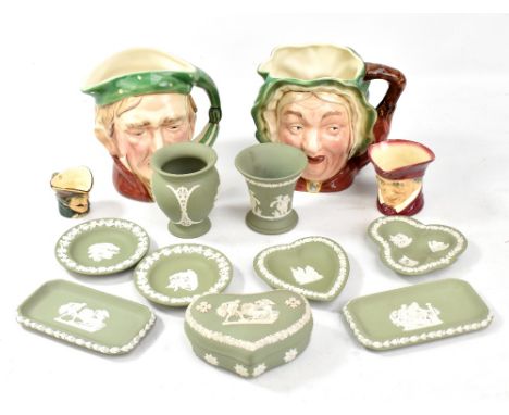 Nine pieces of assorted Wedgewood green Jasperware, to include lidded trinket box, two posy vases, together with two Beswick 