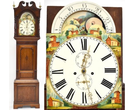 A 19th century oak cased longcase clock, the painted dial set with Roman numerals and subsidiary seconds and date dials, rais