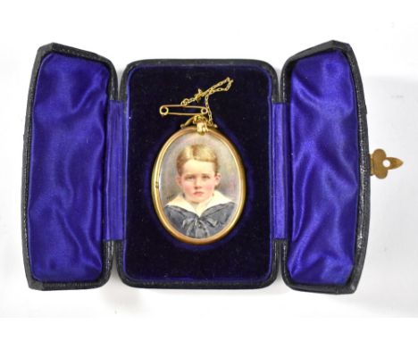 A 9ct yellow gold cased watercolour portrait miniature of a young boy, signed 'D Sock' (possibly), cased monogrammed to rever