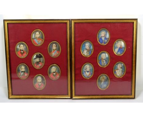 Two framed montages both comprising seven oval Georgian portrait miniatures, each depicting officers, one frame bears indisti