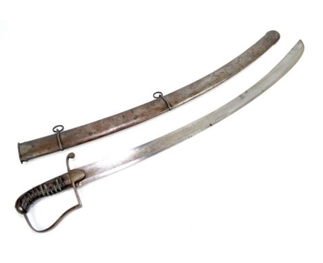 A 1796 pattern Light Cavalry Officer's sword with wire work grip, simple knuckle guard and engraved blade in metal scabbard w