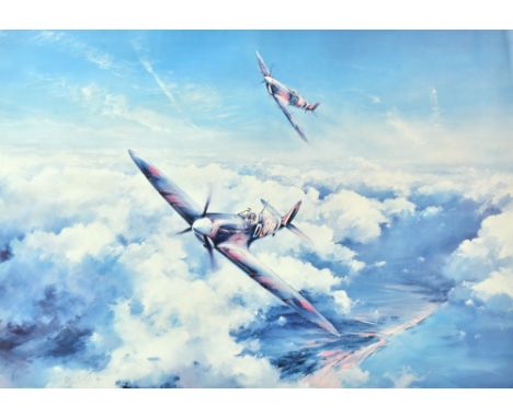 AFTER ROBERT TAYLOR; a coloured print, 'Spitfire', signed by Sir Douglas Bader CBE. DSO. DFC. and Air Vice-Marshall Johnnie J