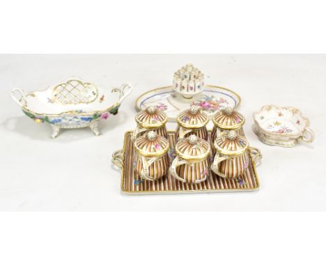 DRESDEN; a small group of ceramic items to include a hand painted and gilt heightened dressing table dish, a pierced floral t