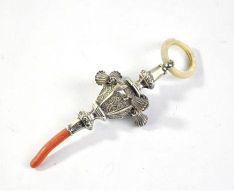 CRISFORD &amp; NORRIS; an Edward VII hallmarked silver baby's rattle with foliate detail in relief, mother of pearl teething 