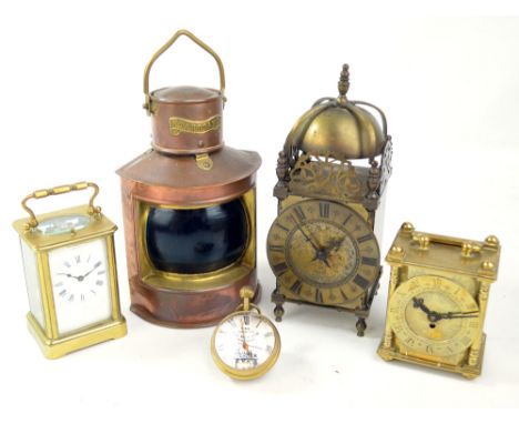 A brass cased lantern-type mantel clock with French movement, a late 19th century carriage clock inscribed 'C.McI. from J.F.F
