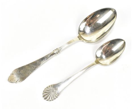 CHRISTIAN F. HEISE; an early 20th century Danish silver serving spoon with trefid finial and hammered finish to upper section